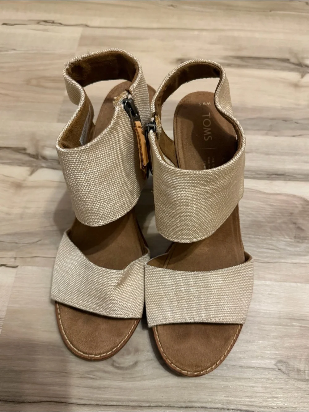 TOMS Beige Canvas Wedge Sandals with Ankle Strap